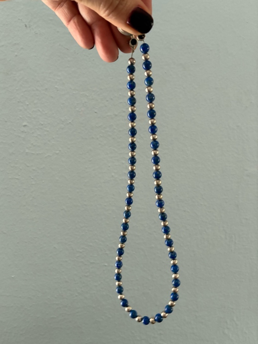 Lapis lazuli and silver beaded necklace and earring set